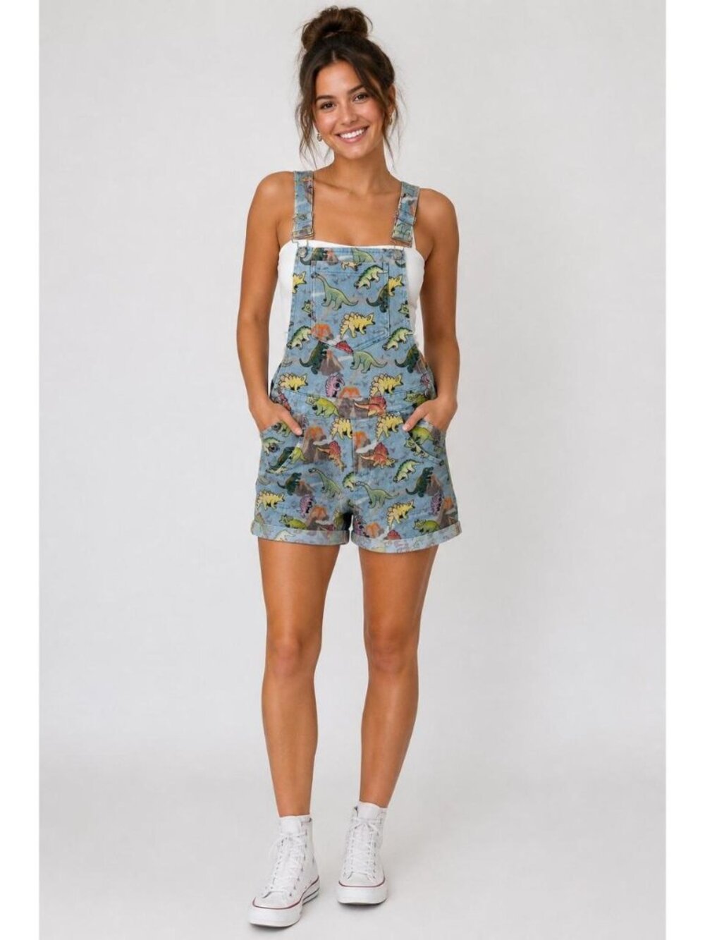 Crescent Creepers Dinosaur Print Denim Shortalls Medium